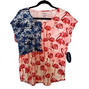 Casey Key Women's Tropical Pink Flamingos Prints Patriotic Pullover Top Size M